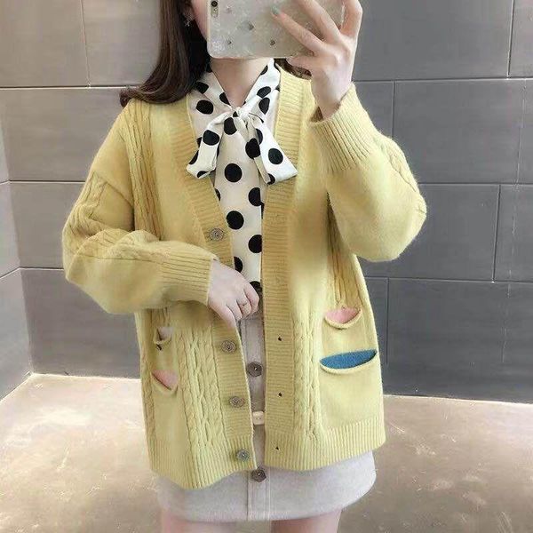 

women's knits & tees women jacket knitted cardigan sweater 2021 autumn clothing pocket female coat simple classic, White