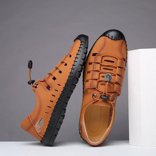 

sandals men's outdoor high-quality leather hollow 2021 casual shoes summer beach fashion breathable fisherma, Black