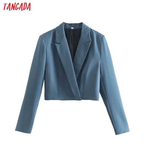 

tangada women solid blue crop blazer coat vintage notched collar pocket fashion female casual chic qj153 210609, White;black