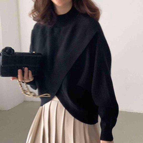 

women's sweaters sweater korean fashion spring autumn solid color round neck cross irregular casual long sleeve slit keep warm 4pj8, White;black