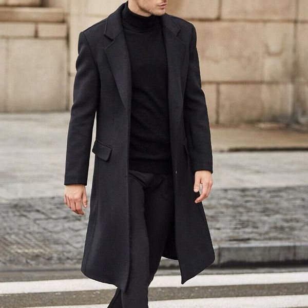 

men's trench coat daily outdoor fall winter long coat notch lapel collar slim warm casual streetwear jacket long sleeve solid color qui, Black