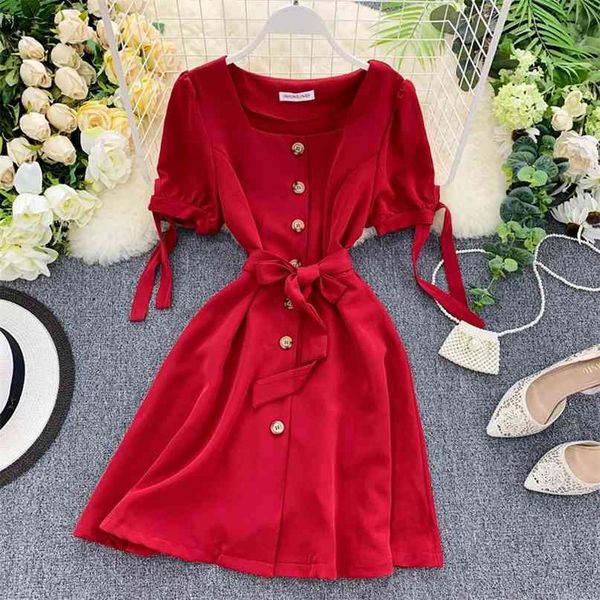 

square collar dress women retro single-breasted high waist slim pure a-line vestidos h257 210527, Black;gray