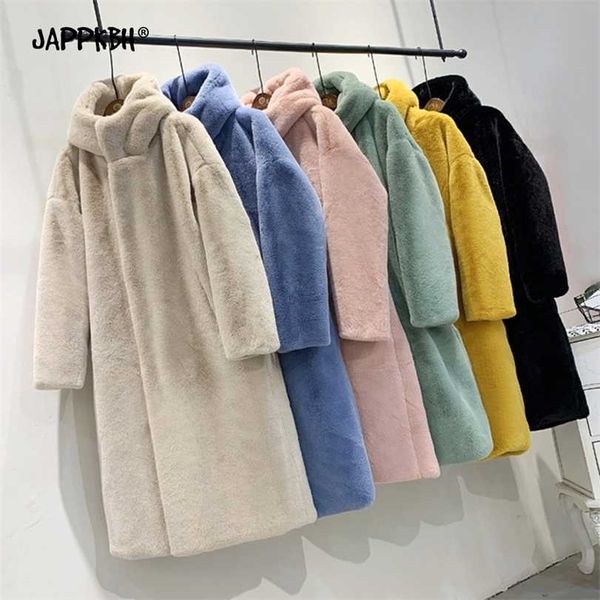 

hooded faux fur coat women autumn winter casual loose long female jacket plush thick warm cotton lining outwear clothes 211123, Black