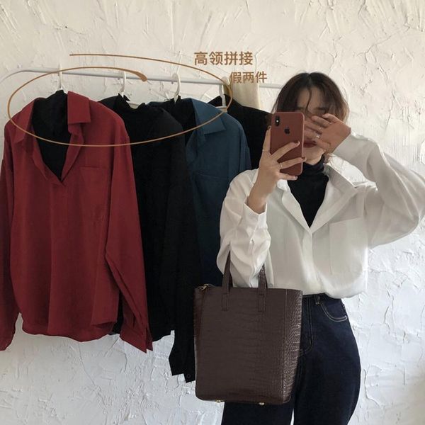 

spring vintage turtleneck patchwork women blouse shirts pocket long sleeve female blusas femme db892 women's blouses &, White