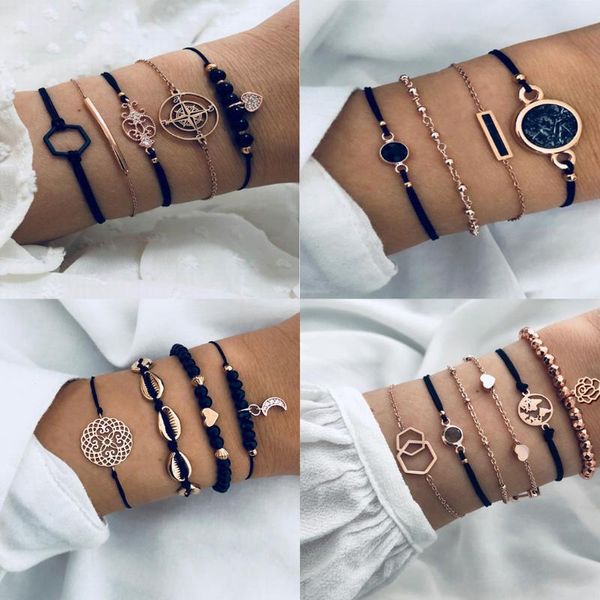 

charm bracelets fashion boho set woman gold chain bead black stone rope link friendship female jewelry, Golden;silver