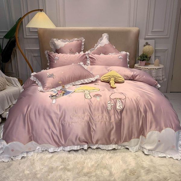 

cotton series embroidery mushrooms bedding set white ruffled edges duvet cover bean paste color sheet 1.5/1.8/2.0m bed sets