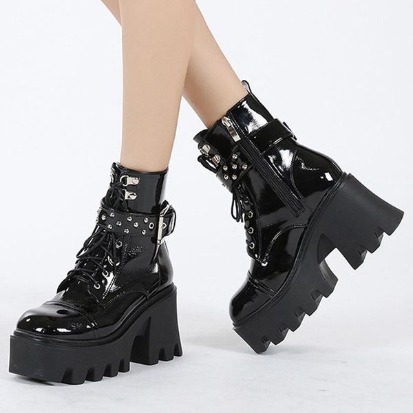 

boots women ankle lace up suede platform high heeled shoes autumn boot for ladies gothic style motocycle bota chunky bootie, Black