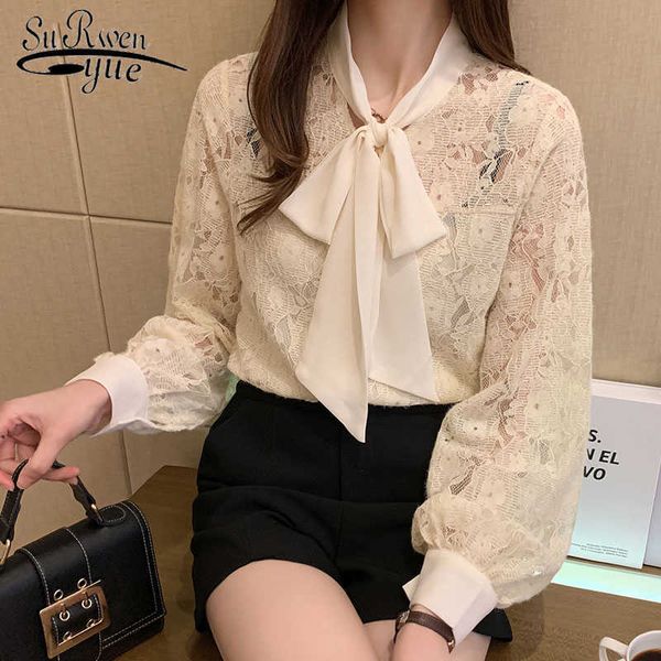 Mode Spitze Frau Hemd Feste Beiläufige Frauen Bluse Herbst Laterne Hülse Koreanische Tops Bogen Blusas Büro Dame Kleidung 10566 210527