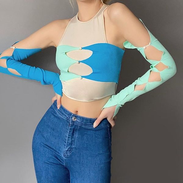 

women's t-shirt women spring summer patchwork hollow out long sleeve o neck female t shirt fashion slim stretch basic wild tee, White