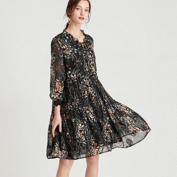 

casual dresses spring elegant dress fashion women chiffon soft floral plus size loose long-sleeves ruffled collar printed midi 4xl, Black;gray