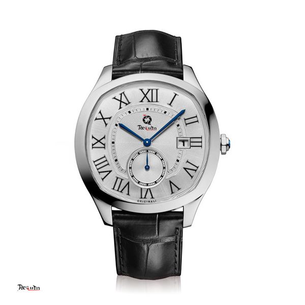 

men's luxury automatic mechanical watch blue requin drive silver white stainless steel case de sapphire leather strap waterproof roman, Slivery;brown
