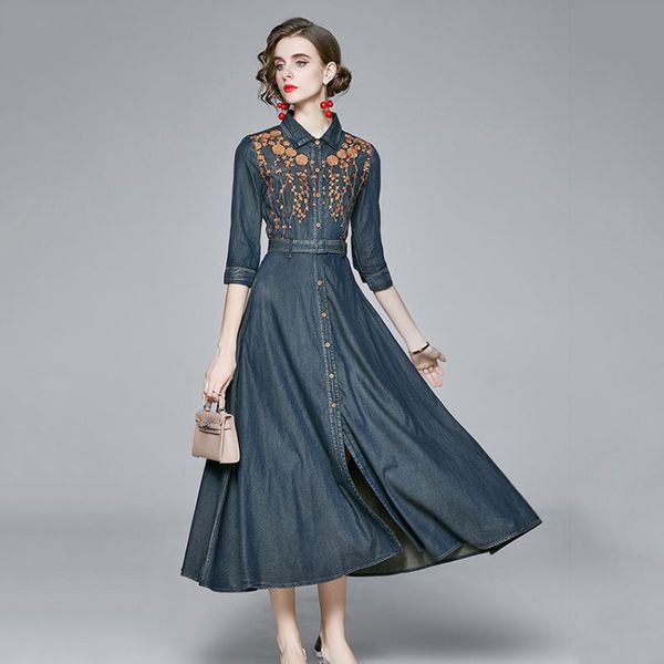 

women floral embroidery dress designer vintage denim slim waist casual maxi dresses vestido de mujer 2021, Black;gray