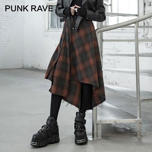 

girl's punk style irregular red plaid mid-length skirt autumn winter high waist asymmetry women streetwear skirts, Black