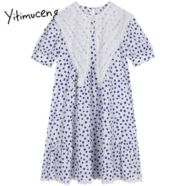 Yitimuceng Dot Vestidos Mulheres Mini Sólida Primavera Solta Cintura Suff Shefe Square Collar Coreano moda roupas de escritório senhora 210601