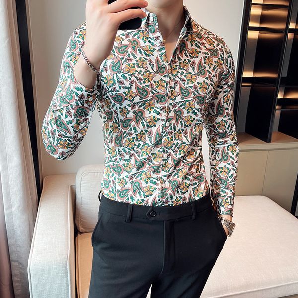 

2022 summer handsome men's silk shirt korean style slim personality trend field fashion floral plus size shirt, White;black