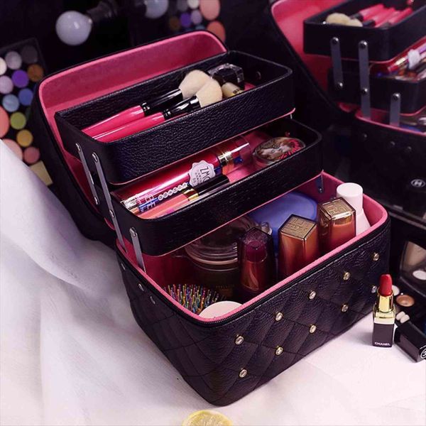 

3 layer large capacity cosmetic bag women professional makeup case diamond stud box travel storage organizer vanity beauty