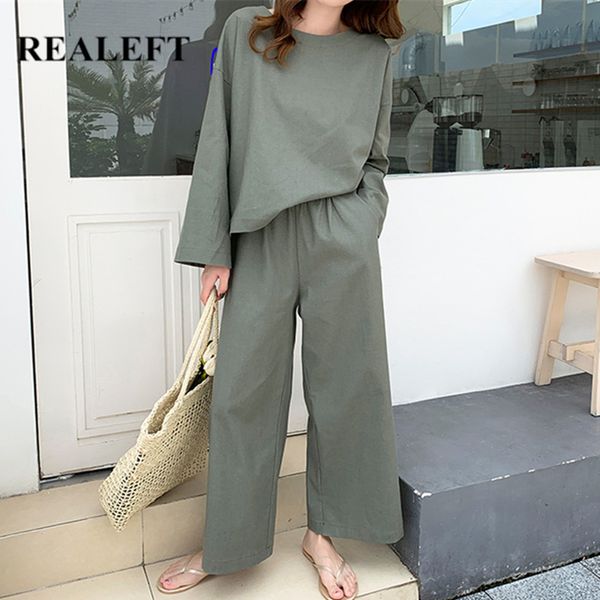 

autumn cotton and linen women's pant suits o-neck shirts & loose wide leg pants vintage suit female sets 210428, White
