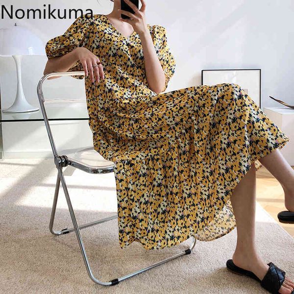 

nomikuma vestidos vintage fashion floral printed dresses v neck short puff sleeve a line korean ladies dress 3a644 210514, Black;gray
