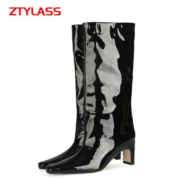 

boots black white rose women knee high retro square toe patent leather mid-tube women's heel autumn winter shoes