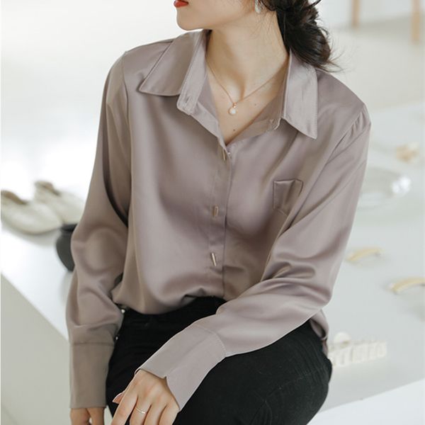 

ol elegant business satin white shirt autumn lapel long-sleeved loose solid basic shirts women blouses plus size 210421