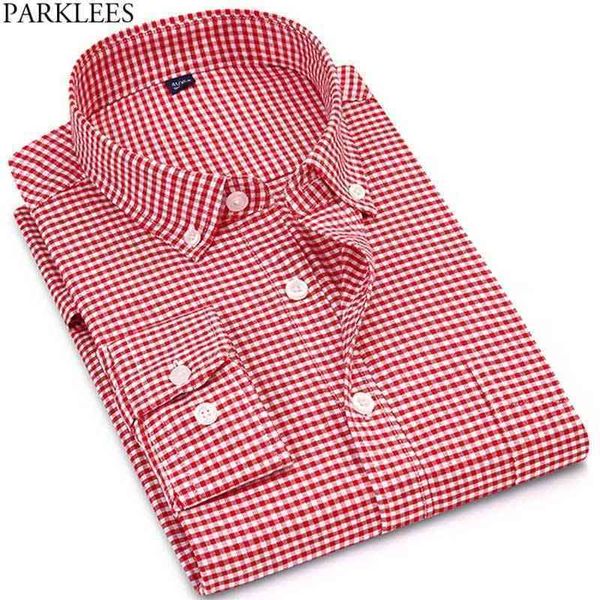 Классический красный плед Оксфордская рубашка Мужчины Весна Slim Fit с длинным рукавом Проверенные рубашки Мужчины Хлопок Повседневная кнопка вниз Хребетонос 4XL 210522