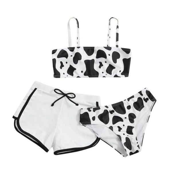

girls' swimwear summer bikini cute crisscross back beachwear cow floral print three-piece swimsuit bathing suit baby clothes one-pieces, Black