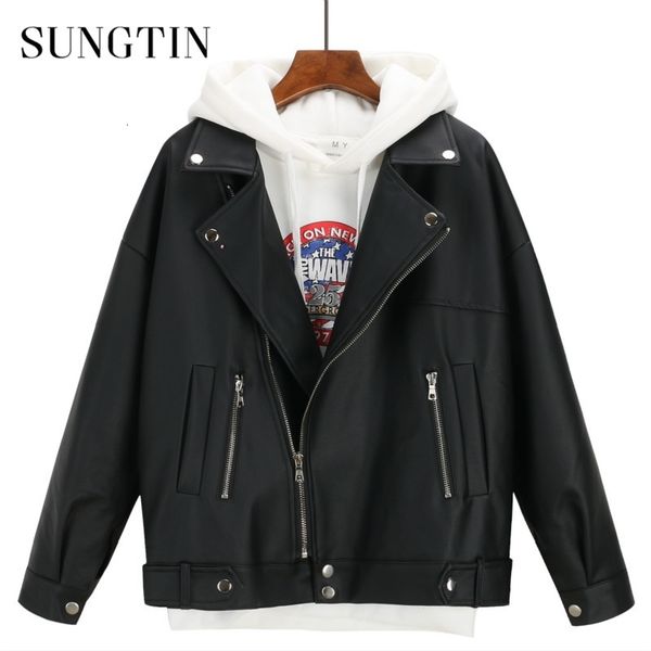 

sungtin soft loose faux leather jacket women black biker motorcycle coat autumn winter pu short streetwear punk boyfriend style