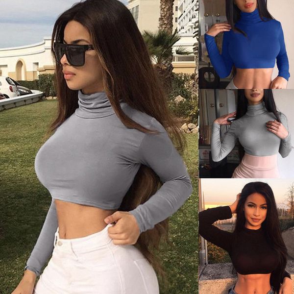 

women's t-shirt women long sleeve turtleneck casual slim cotton short winter blouse 2fdi, White