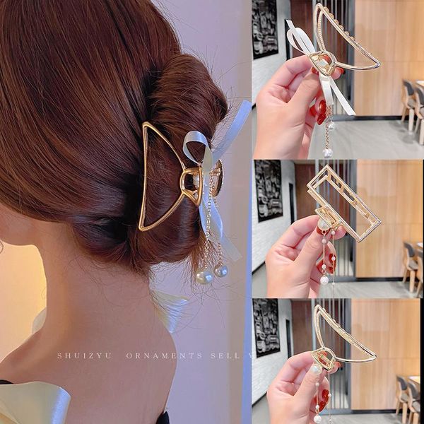 

fashion gold hollow geometric metal hair claw crab clip silk bow pearl for women girl hairgrips accessories, Slivery;white