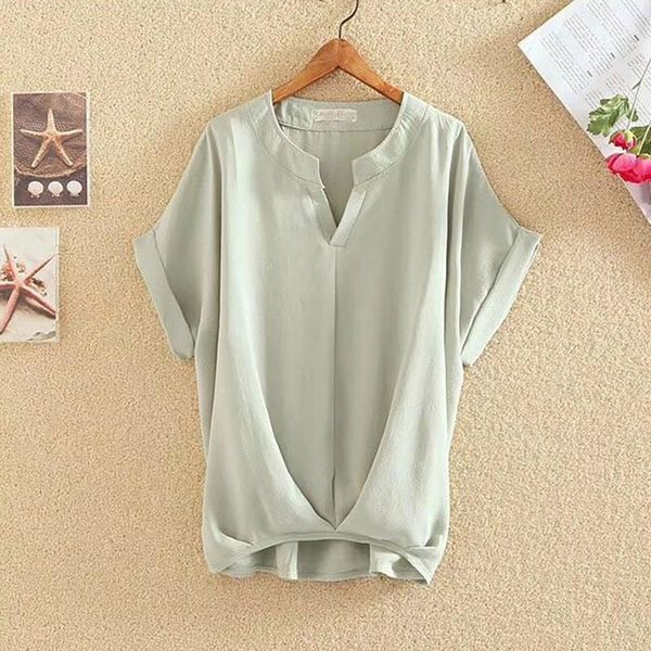 

women's blouses & shirts 2021 summer cotton and linen shirt fashion v-neck batwing seeve loose stretwears, White