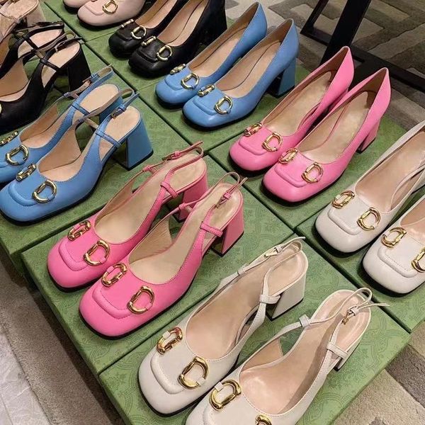 

early spring new line buckle high heels women's horse rank single shoes thick heel back empty sandals outlets, Black