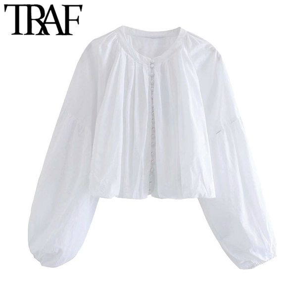 

traf women fashion with covered buttons cropped blouses vintage o neck lantern sleeve female shirts chic 210415, White