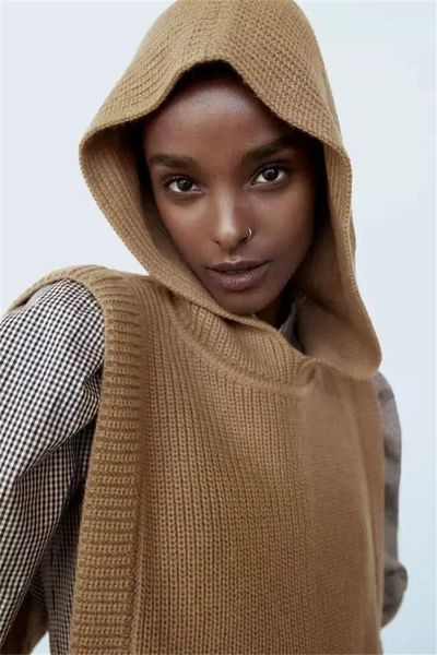 

women's vests fashion casual hooded knitted vest autumn and winter women stretch sleeveless sweater clothes sweaters for, Black;white