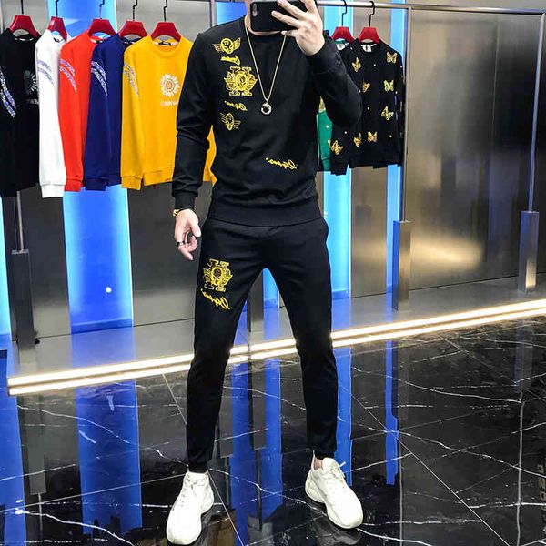 

hoodies autumn around neck leisure shirt sport suit foreign personality embroidered sequins pants male, Black