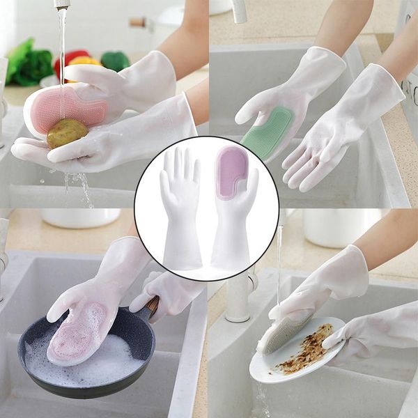

pair dishwashing cleaning gloves household silicone rubber dish washing with brush scrubber kitchen clean tools disposable