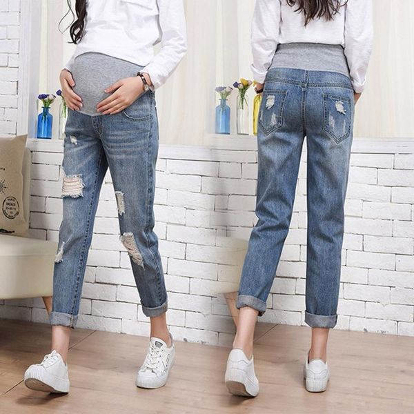 

maternity bottoms autumn casual denim long women clothing pregnancy cotton clothes short belly ripped jeans legging pants for pregnant, White