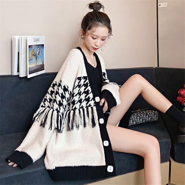 

coat small perfumed wind woman's jacket houndstooth loose thickening fall and winter neckline in v-neck cardigan sweater lazy, Tan;black