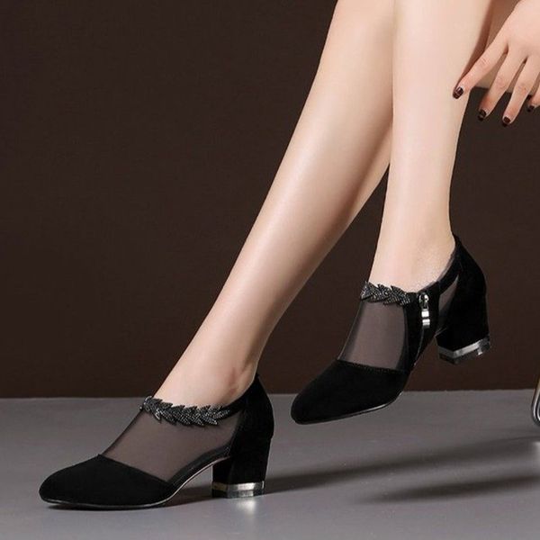 

5cm square heel fashion hollow mesh pointed zip ladies high heels rhinestone womens shoes plus size 43, Black