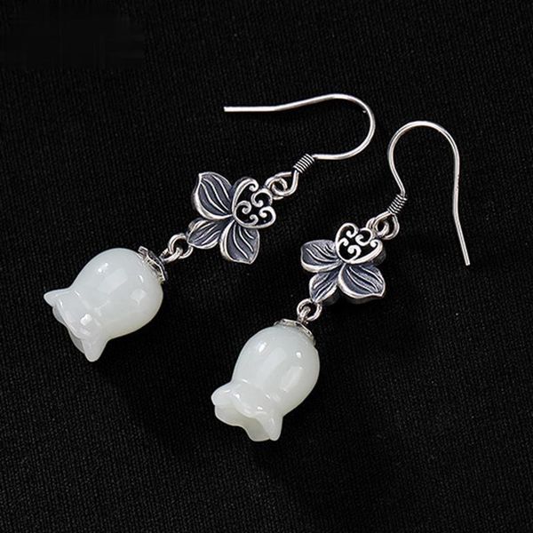 

natural hetian white jade lily of the valley earrings chinese style retro elegant sober craft charm women's silver jewelry dangle & cha