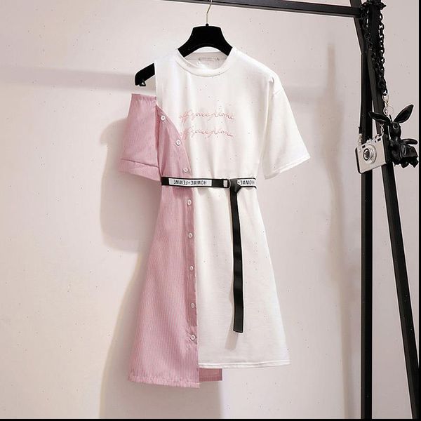 

summer patchwork t shirt korean womens dresses ulzzang off shoulder sashes streetwear plus size fake two piece, Black;gray