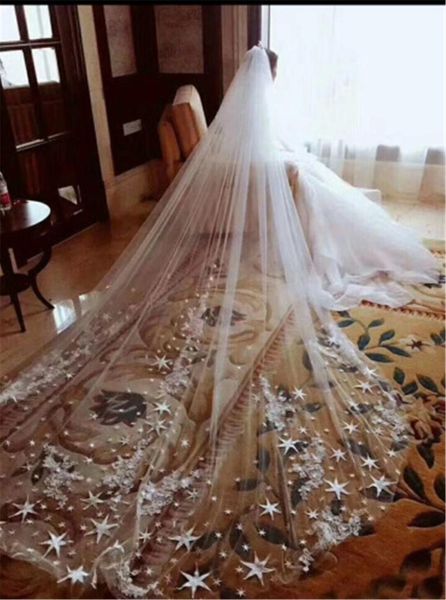 

bridal veils wedding long stars applique two-layer face-covered soft tulle luxurious veil with comb white/ivory accessories, Black