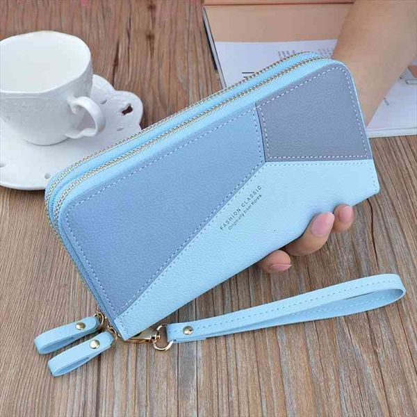 

double zipper wallet women long large capacity clutch layer stitching contrast color coin purse mobile phone bag, Red;black