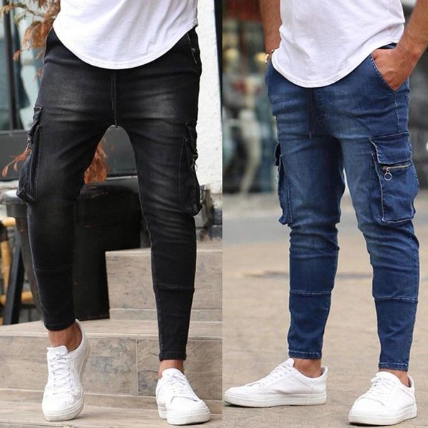 

2021men style lace-up zipper multi-pocket pencil pants jeans slim hip-hop black and blue logo brand casual jogger pant men's