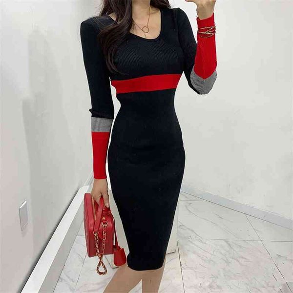 

women's autumn winter v-neck hit color patchwork sheath slim knit dress vintage elegant korea chic female sweater vestidos 210520, Black;gray