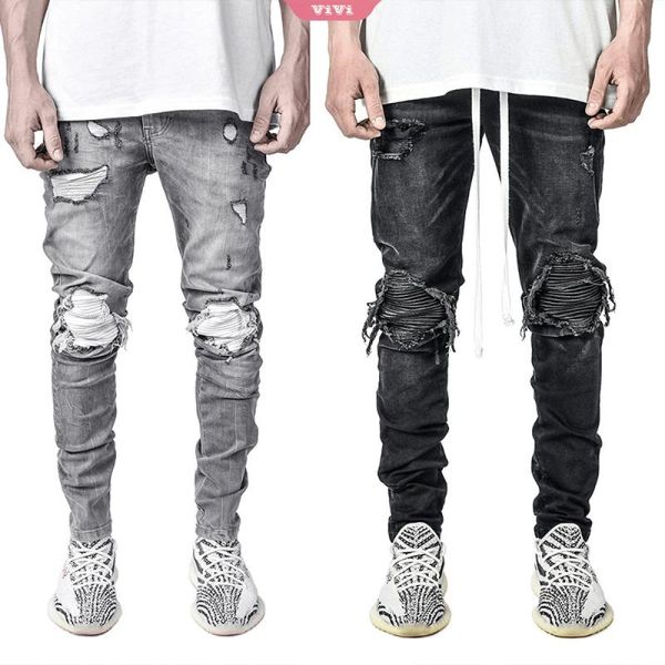 

men's jeans ripped slim-fit trousers 2021 casual thin summer denim classic youth black and gray, Blue