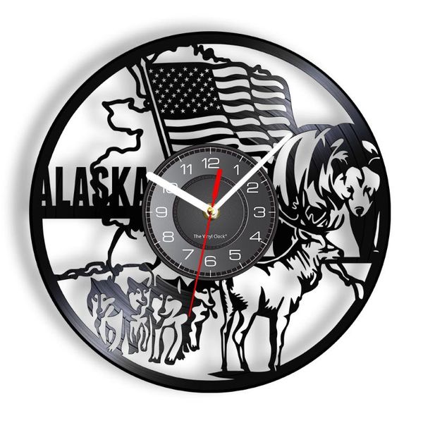

wall clocks alaskan malamute sled dog team retro record clock usa states alaska decor timepieces watch lover gift