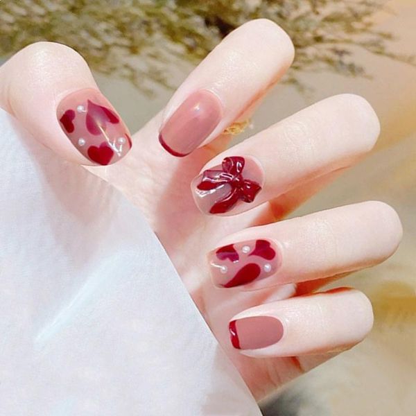 

false nails 24pcs/box short french with red bow design wearable detachable square head fake patches press on, Red;gold