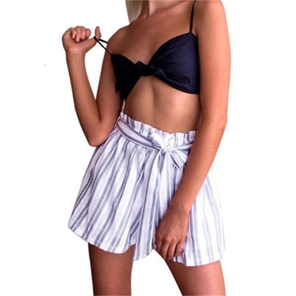 

women's shorts new dress in spring and summer of 2019 vertical stripe belt wide leg middle waist casual pants, White;black