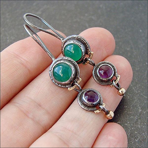 

dangle & chandelier lovely small round green purple stone earrings for women girl boho tribal black gold metal beads dainty earring jewelry, Silver