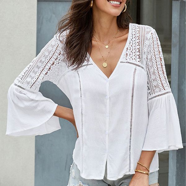 

women's blouses & shirts hollow out casual flare sleeve v-neck loose blusas feminina jfyh, White